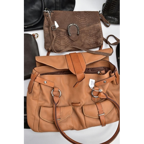 201 - SIX BAGS, to include a black leather Warehouse tote bag, a brown suede Vimoda bag with alligator ski... 