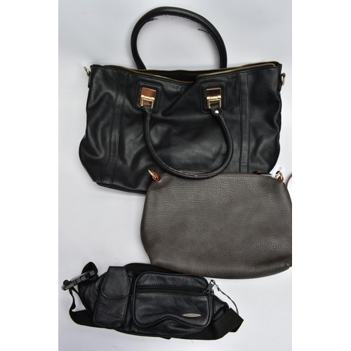 201 - SIX BAGS, to include a black leather Warehouse tote bag, a brown suede Vimoda bag with alligator ski... 