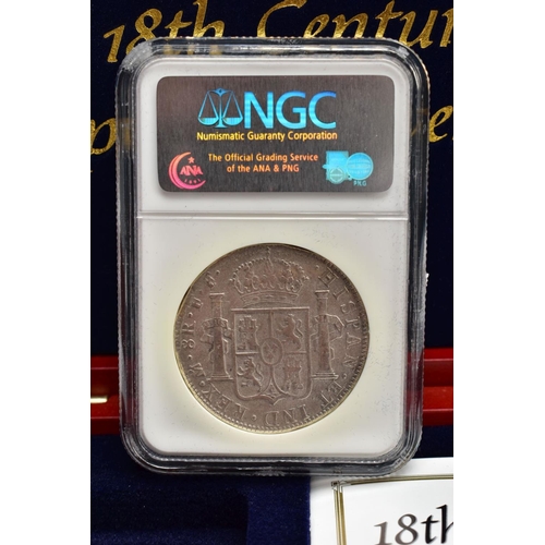 207 - A SLABBED SILVER EIGHT REALES 1783 recovered from El Cazador shipwreck and displayed in a fitted cas... 