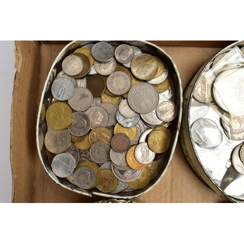 209 - BOX AND TINS OF MIXED COINS to include a bronze medal 65 gr 51mm World Cup Countries from 1930 rever... 