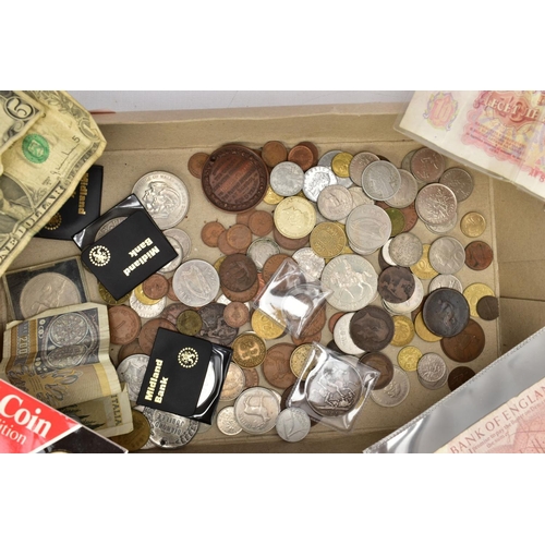 210 - A CARDBOARD BOX OF MIXED COINAGE to include a proof 1982 UK & N Ireland year set, a 1983 UK year set... 