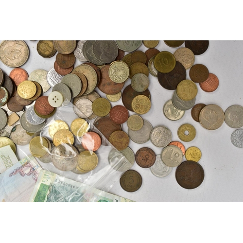 212 - A SMALL BOX OF WORLD COINS, some euro coin and small amount of silver and banknotes