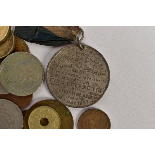 212 - A SMALL BOX OF WORLD COINS, some euro coin and small amount of silver and banknotes