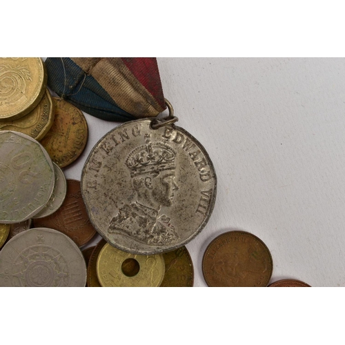 212 - A SMALL BOX OF WORLD COINS, some euro coin and small amount of silver and banknotes