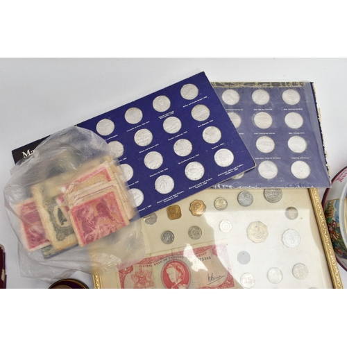 213 - A LARGE PLASTIC TRAY OF MIXED COINS to include a framed display of coin and banknotes, some Shell co... 