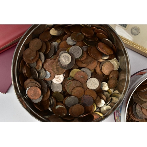 213 - A LARGE PLASTIC TRAY OF MIXED COINS to include a framed display of coin and banknotes, some Shell co... 