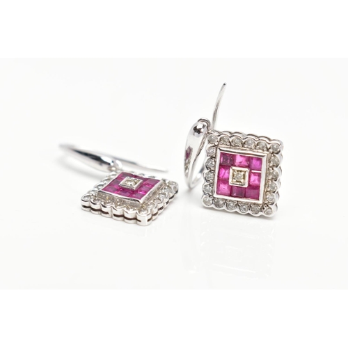 22 - A PAIR OF WHITE METAL, DIAMOND AND RUBY DROP EARRINGS, each drop of a diamond shape, set with square... 