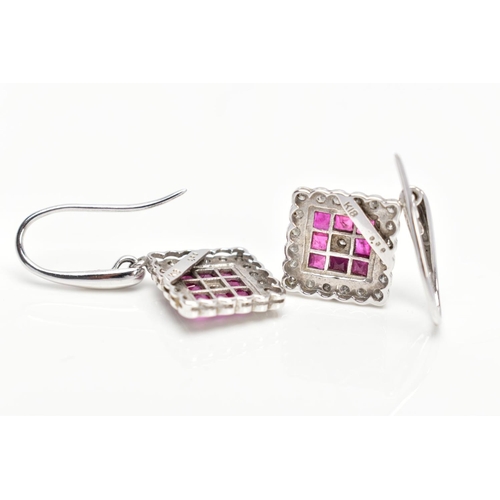 22 - A PAIR OF WHITE METAL, DIAMOND AND RUBY DROP EARRINGS, each drop of a diamond shape, set with square... 