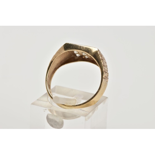 26 - A GENTS 9CT GOLD CUBIC ZIRCONIA SIGNET RING, of a square shape, set with nine circular cut, colourle... 