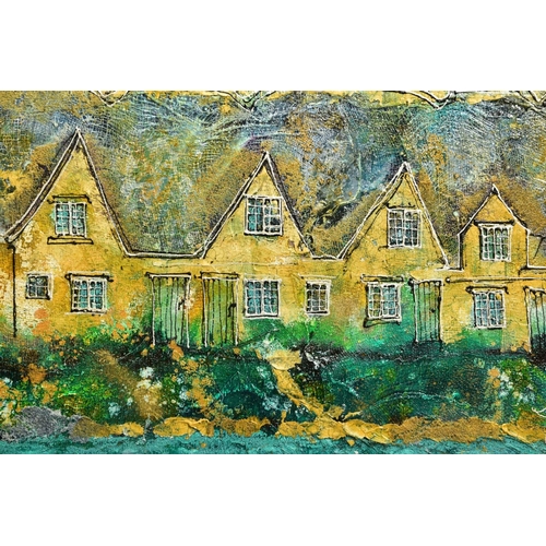 304 - KATHARINE DOVE (BRITISH CONTEMPORARY) 'BROOKSIDE COTTAGES', a row of terraced cottages, signed botto... 