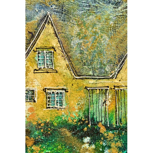 304 - KATHARINE DOVE (BRITISH CONTEMPORARY) 'BROOKSIDE COTTAGES', a row of terraced cottages, signed botto... 