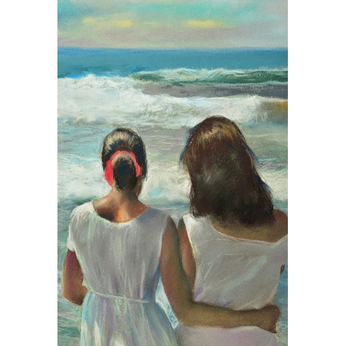 319 - DOMINGO ALVAREZ GOMEZ (SPAIN 1942) 'EL MAR/THE SEA II', two female figures standing barefoot on a be... 