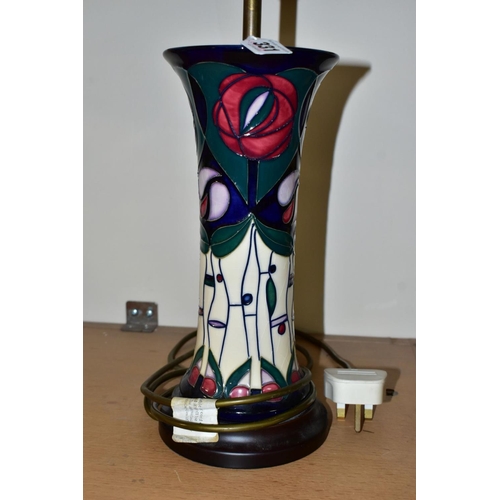 331 - A MOORCROFT POTTERY TABLELAMP IN THE TRIBUTE TO CHARLES RENNIE MACKINTOSH PATTERN, with original fab... 