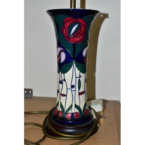 331 - A MOORCROFT POTTERY TABLELAMP IN THE TRIBUTE TO CHARLES RENNIE MACKINTOSH PATTERN, with original fab... 