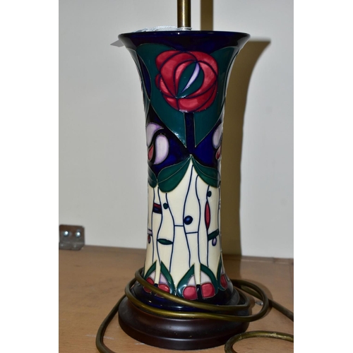 331 - A MOORCROFT POTTERY TABLELAMP IN THE TRIBUTE TO CHARLES RENNIE MACKINTOSH PATTERN, with original fab... 