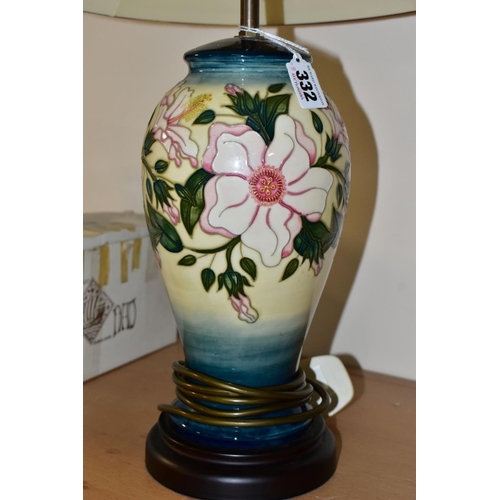 332 - A MOORCROFT POTTERY TABLE LAMP IN THE HIBISCUS MOON PATTERN BY SIAN LEAPER, baluster shaped lamp bas... 