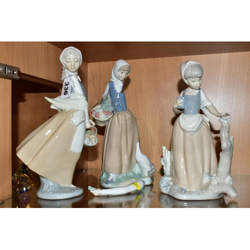 336 - THREE NAO (LLADRO) FIGURES, comprising 'Graceful' 0237, girl with basket of fruit, height 24cm, girl... 