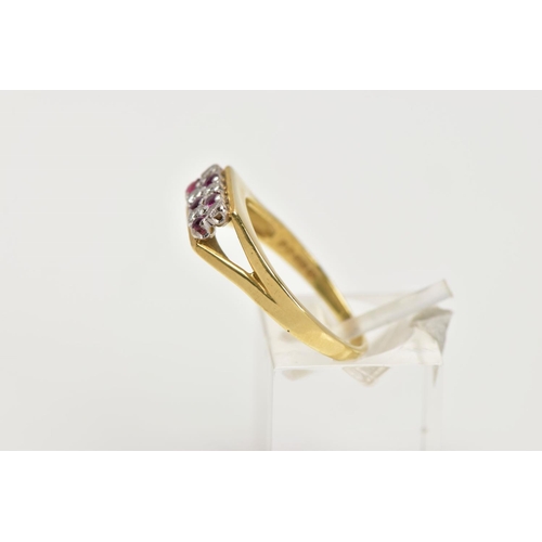 34 - AN 18CT GOLD RUBY AND DIAMOND DRESS RING, rectangular ring head set with two rows of circular cut ru... 