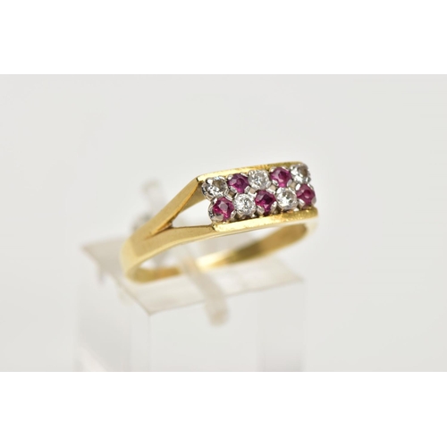 34 - AN 18CT GOLD RUBY AND DIAMOND DRESS RING, rectangular ring head set with two rows of circular cut ru... 