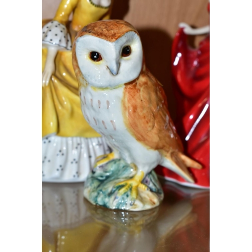 342 - TWO ROYAL DOULTON LADY FIGURES AND A BESWICK OWL, model no 2026, height 11.5cm, the Royal Doulton co... 