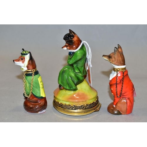 343 - A ROYALE STRATFORD FOX BONBONNIERE AND TWO SIMILAR SCENT BOTTLES, all three modelled as seated foxes... 