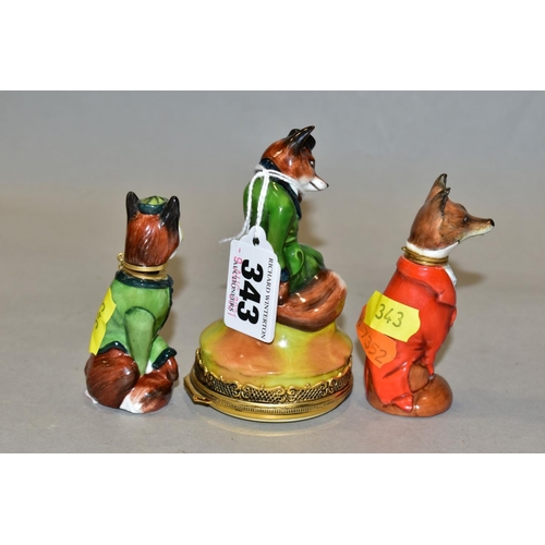 343 - A ROYALE STRATFORD FOX BONBONNIERE AND TWO SIMILAR SCENT BOTTLES, all three modelled as seated foxes... 