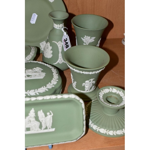 348 - ELEVEN PIECES OF WEDGWOOD GREEN JASPERWARE, including a pair of dwarf candlesticks, two pairs of con... 