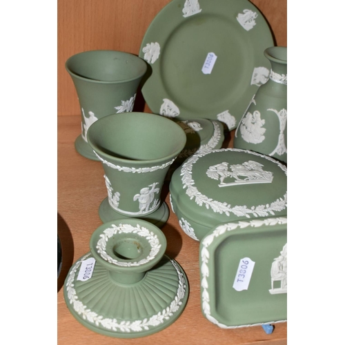 348 - ELEVEN PIECES OF WEDGWOOD GREEN JASPERWARE, including a pair of dwarf candlesticks, two pairs of con... 