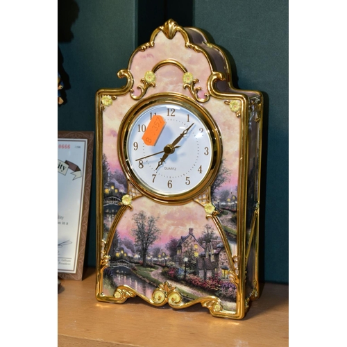 350 - A BRADFORD EXCHANGE 'LAMPLIGHT LANE' PORCELAIN CASED QUARTZ MANTEL CLOCK, HEIGHT 23.5CM AND TWO BOXE... 