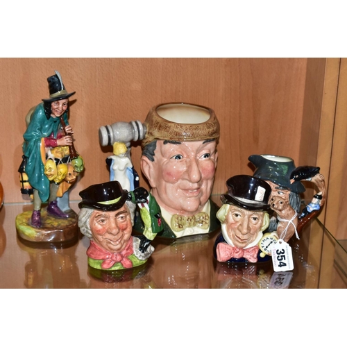 354 - FOUR ROYAL DOULTON CHARACTER JUGS AND A ROYAL DOULTON 'THE MASK SELLER', HN2103, printed marks, heig... 