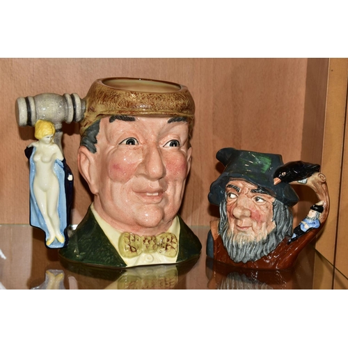 354 - FOUR ROYAL DOULTON CHARACTER JUGS AND A ROYAL DOULTON 'THE MASK SELLER', HN2103, printed marks, heig... 