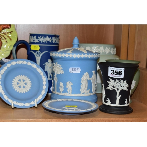 356 - EIGHT PIECES OF WEDGWOOD JASPERWARE, DUDSON JASPERWARE, etc, including three pieces of Wedgwood pale... 