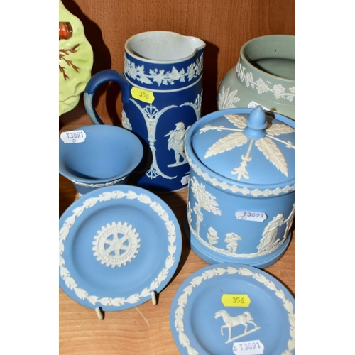 356 - EIGHT PIECES OF WEDGWOOD JASPERWARE, DUDSON JASPERWARE, etc, including three pieces of Wedgwood pale... 