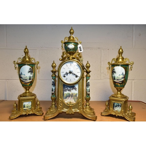 358 - A MODERN ITALIAN BRASS AND PORCELAIN 'IMPERIAL' CLOCK GARNITURE, the white enamel dial with Roman nu... 