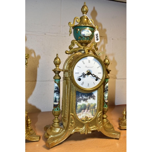 358 - A MODERN ITALIAN BRASS AND PORCELAIN 'IMPERIAL' CLOCK GARNITURE, the white enamel dial with Roman nu... 