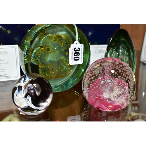 360 - FOUR CAITHNESS GLASS PAPERWEIGHTS AND TWO OTHERS, comprising a Mdina sea urchin example, height 11cm... 