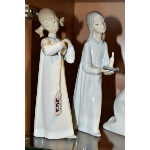 363 - THREE LLADRO FIGURES OF CHILDREN IN NIGHT DRESSES, comprising 4868 'Girl with Candlestick' and 4871 ... 