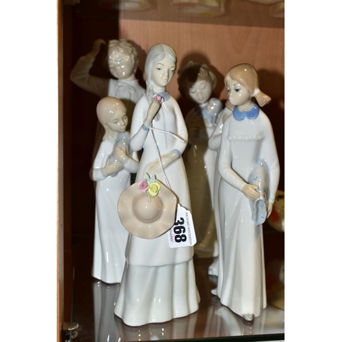 368 - SIX SPANISH PORCELAIN FIGURES INCLUDING TWO NAO FIGURES OF CHILDREN IN NIGHTDRESSES, one holding a d... 