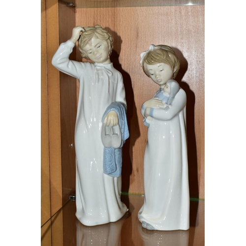 368 - SIX SPANISH PORCELAIN FIGURES INCLUDING TWO NAO FIGURES OF CHILDREN IN NIGHTDRESSES, one holding a d... 