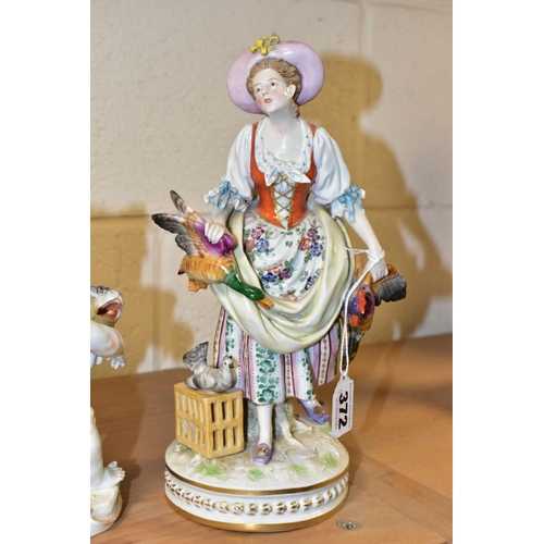 372 - THREE 19TH CENTURY CONTINENTAL PORCELAIN FIGURES AND FIGURE GROUP, comprising a lady in 18th Century... 