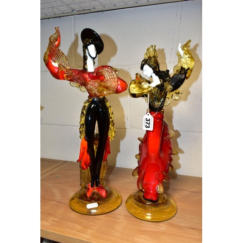 373 - A PAIR OF GLASS FIGURES OF MALE AND FEMALE FLAMENCO DANCERS, in the style of the Venetian Glass Comp... 