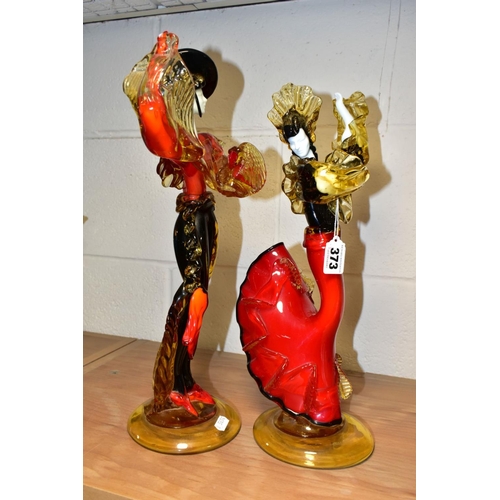 373 - A PAIR OF GLASS FIGURES OF MALE AND FEMALE FLAMENCO DANCERS, in the style of the Venetian Glass Comp... 