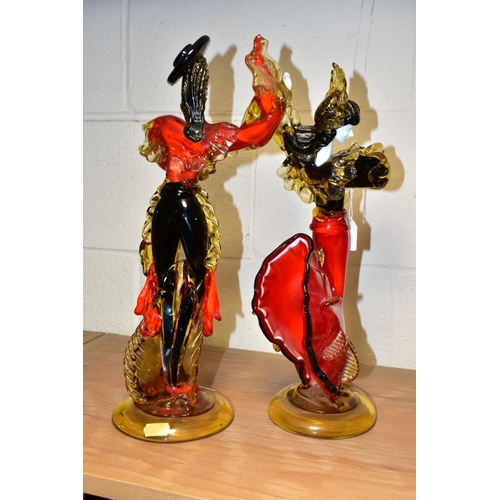 373 - A PAIR OF GLASS FIGURES OF MALE AND FEMALE FLAMENCO DANCERS, in the style of the Venetian Glass Comp... 