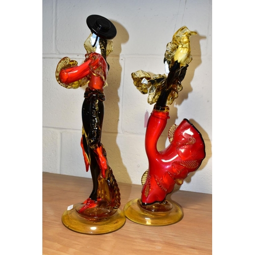 373 - A PAIR OF GLASS FIGURES OF MALE AND FEMALE FLAMENCO DANCERS, in the style of the Venetian Glass Comp... 