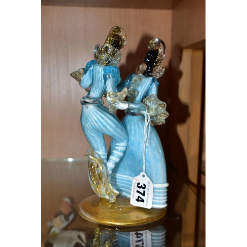 374 - A MURANO GLASS FIGURE GROUP OF A LADY AND GENTLEMAN DANCING, blue and white costume with clear and g... 