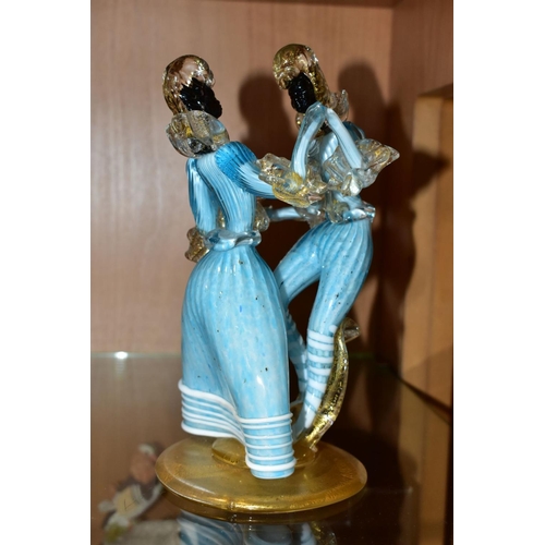 374 - A MURANO GLASS FIGURE GROUP OF A LADY AND GENTLEMAN DANCING, blue and white costume with clear and g... 