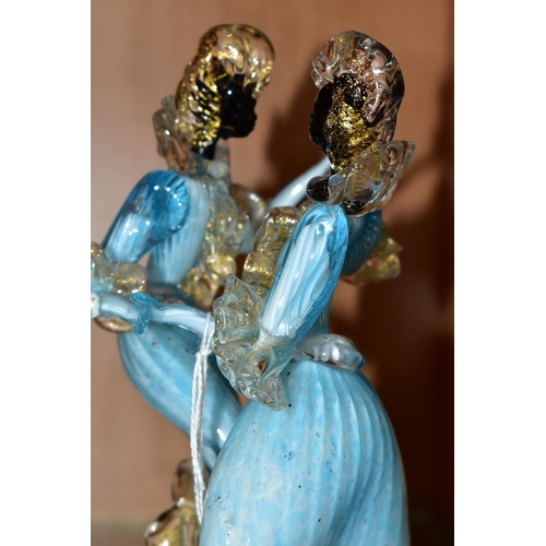 374 - A MURANO GLASS FIGURE GROUP OF A LADY AND GENTLEMAN DANCING, blue and white costume with clear and g... 