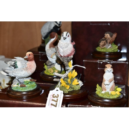 377 - SEVEN BOXED COUNTRY ARTISTS ANIMAL AND BIRD SCULPTURES, comprising 'Long Tailed Tit with Gorse', s.d... 