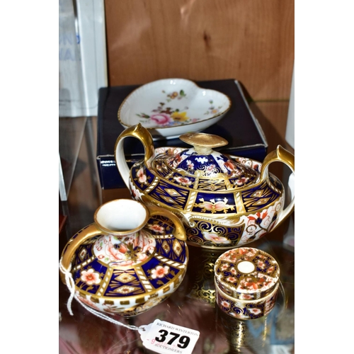 379 - A SMALL GROUP OF ROYAL CROWN DERBY, comprising three Imari pattern items, all with restoration or da... 