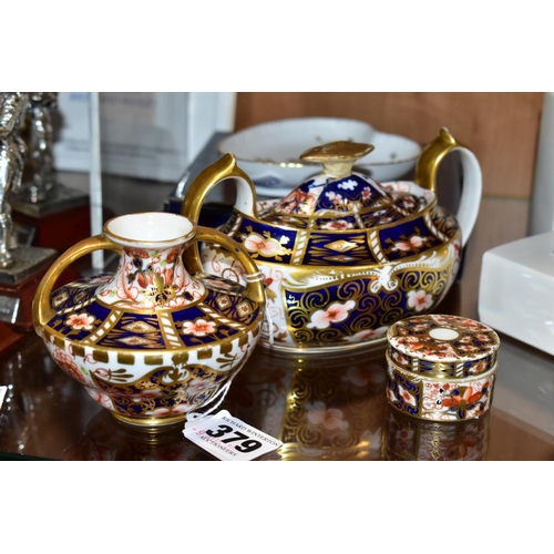 379 - A SMALL GROUP OF ROYAL CROWN DERBY, comprising three Imari pattern items, all with restoration or da... 